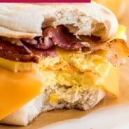 Breakfast sandwich Pinterest graphic with text and photos.