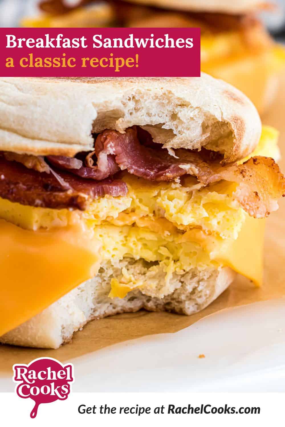 Breakfast sandwich Pinterest graphic with text and photos.