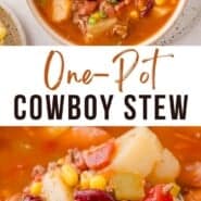 Cowboy stew Pinterest graphic with text and photos.