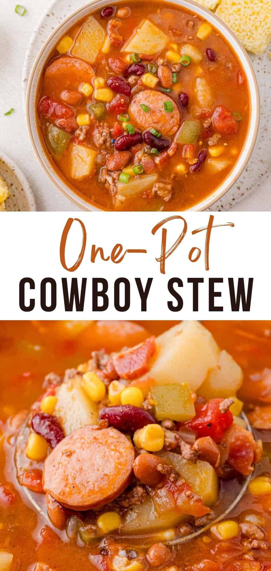 Cowboy stew Pinterest graphic with text and photos.
