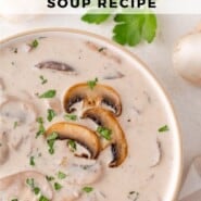 Cream of mushroom soup Pinterest graphic with text and photos.