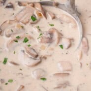 Cream of mushroom soup Pinterest graphic with text and photos.
