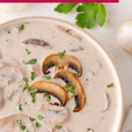 Cream of mushroom soup Pinterest graphic with text and photos.