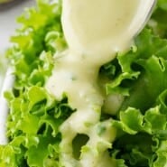 Creamy Avocado Dressing Pinterest graphic with text and photos.