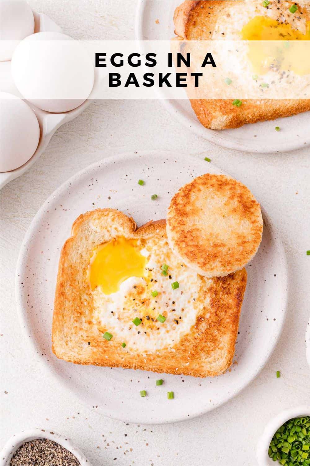 Eggs in a basket Pinterest graphic with text and photos.