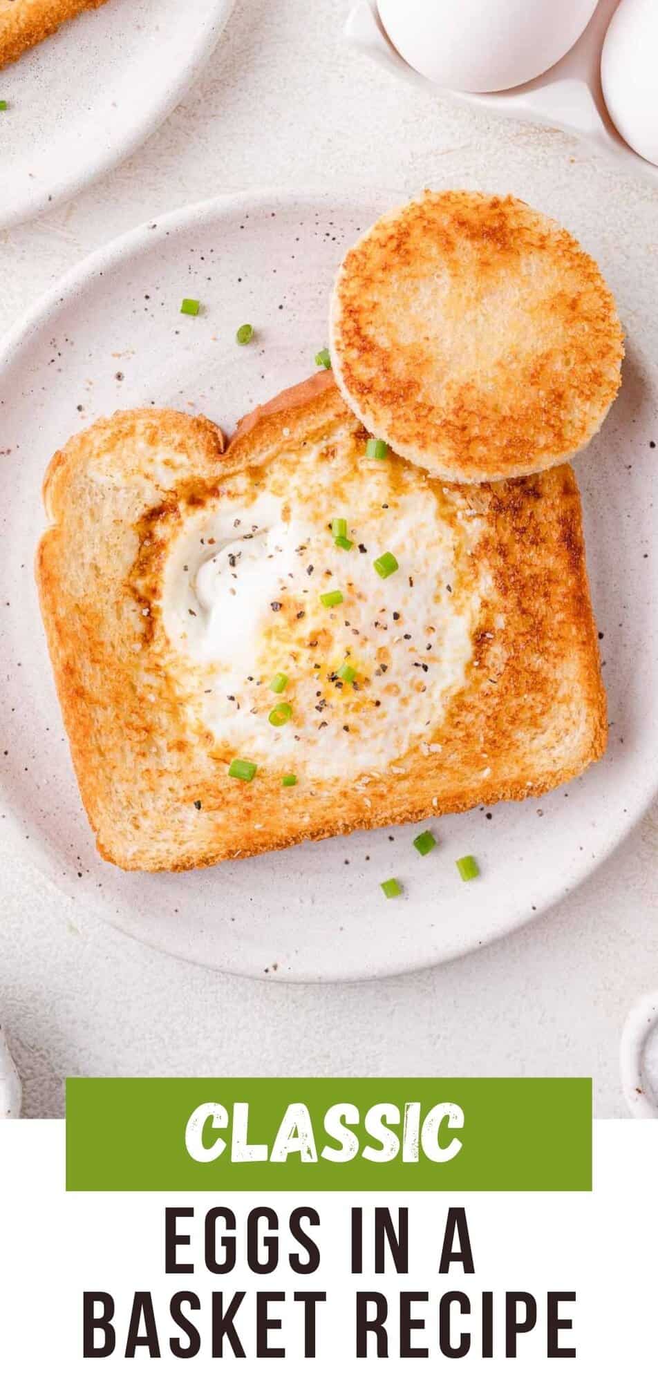 Eggs in a basket Pinterest graphic with text and photos.