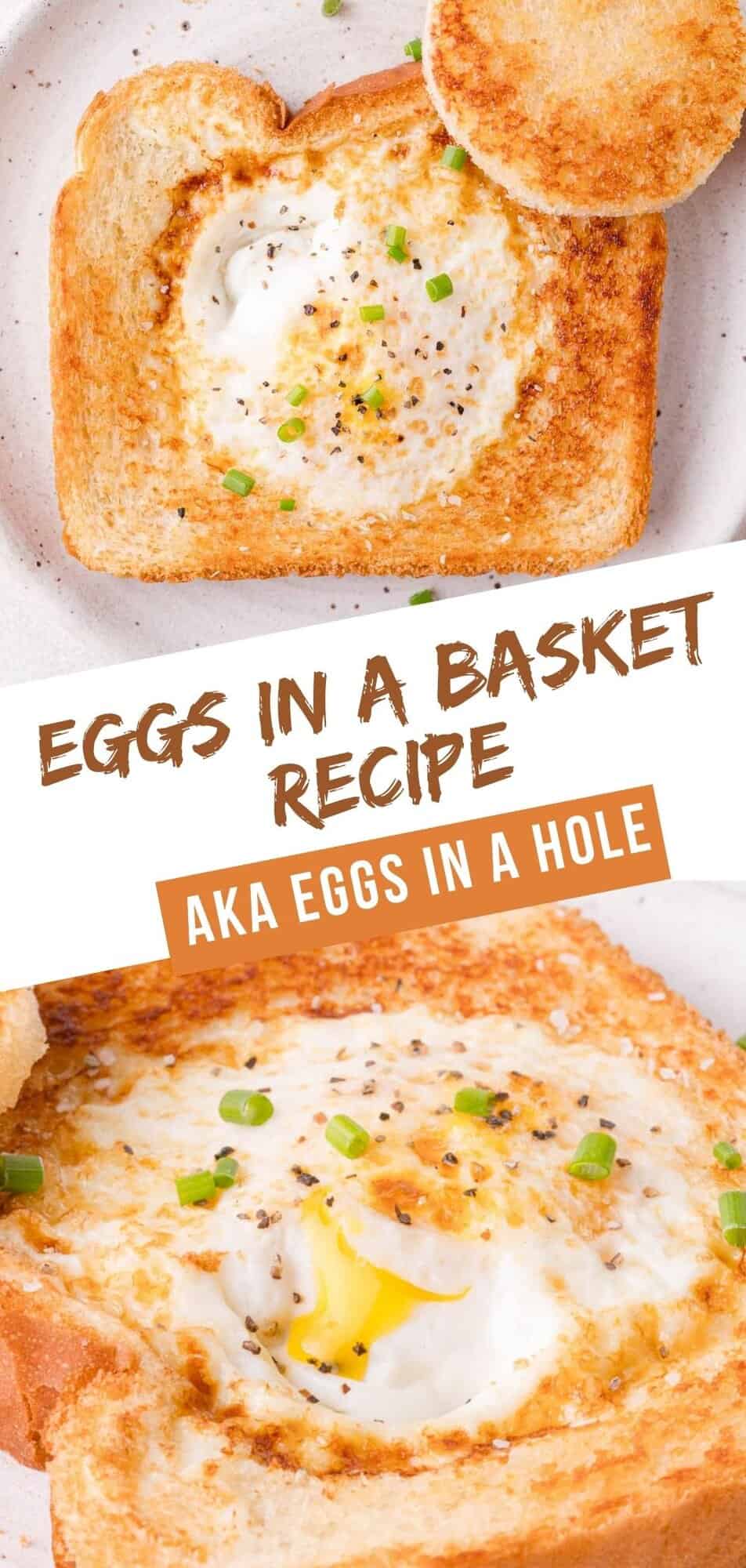 Eggs in a basket Pinterest graphic with text and photos.