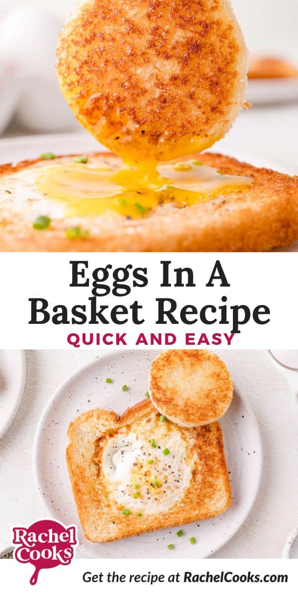 Eggs in a basket Pinterest graphic with text and photos.
