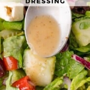 Greek salad dressing Pinterest graphic with text and photos.