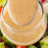 Greek salad dressing Pinterest graphic with text and photos.