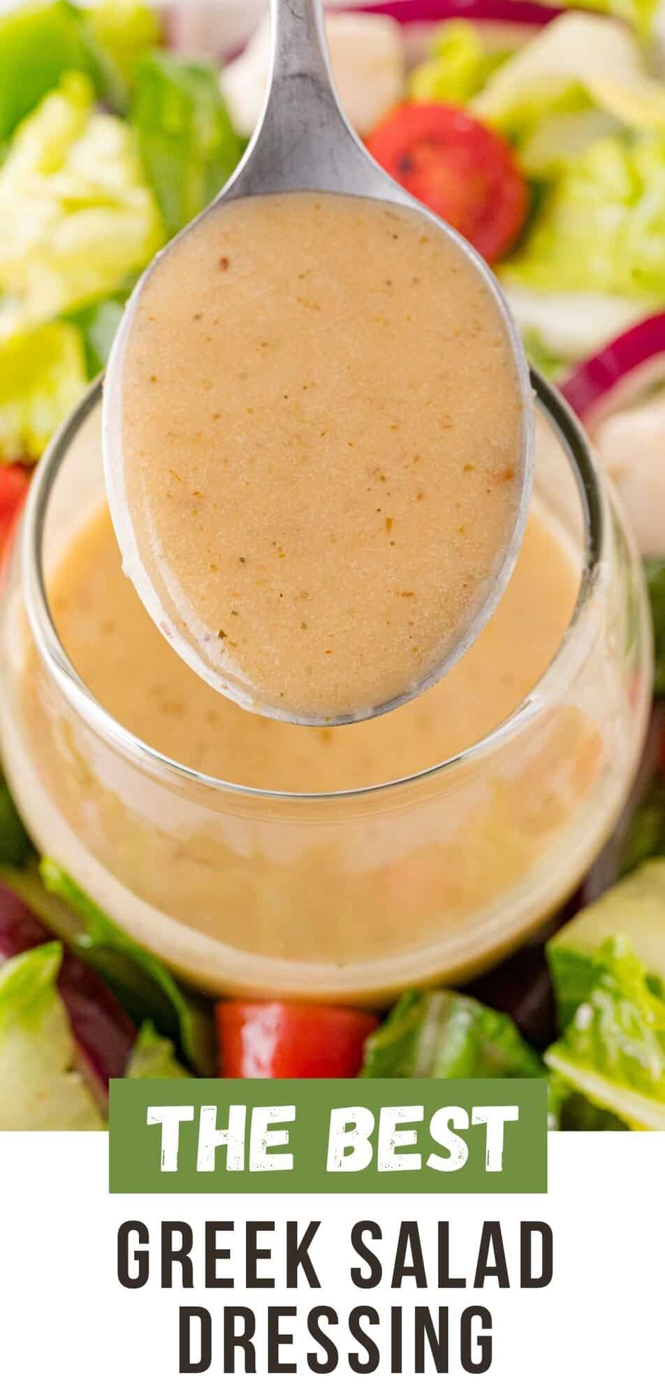 Greek salad dressing Pinterest graphic with text and photos.