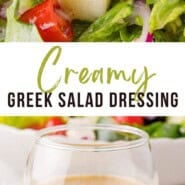 Greek salad dressing Pinterest graphic with text and photos.