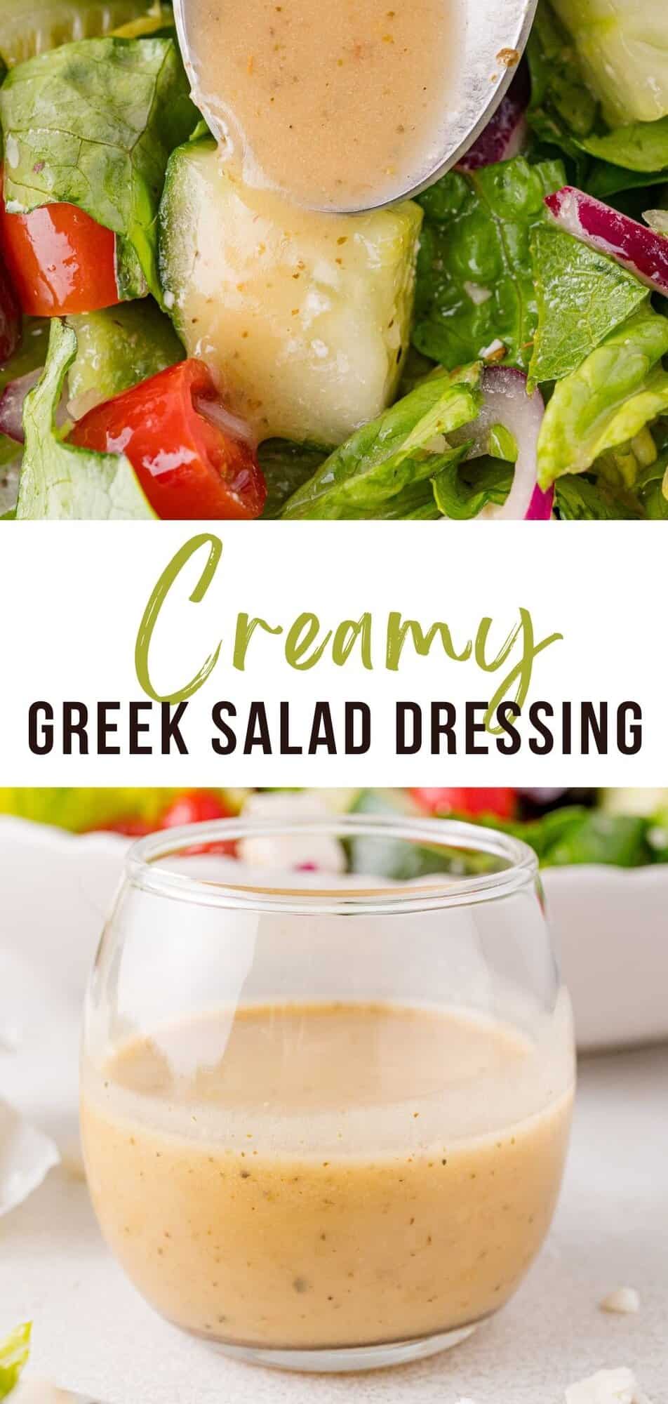 Greek salad dressing Pinterest graphic with text and photos.