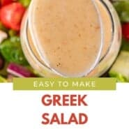 Greek salad dressing Pinterest graphic with text and photos.