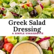 Greek salad dressing Pinterest graphic with text and photos.