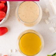 Greek salad dressing Pinterest graphic with text and photos.