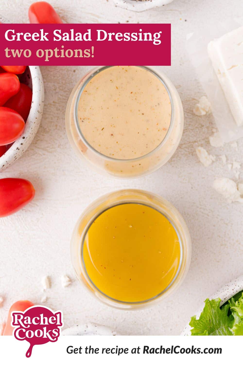 Greek salad dressing Pinterest graphic with text and photos.