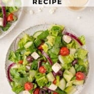 Greek salad Pinterest graphic with text and photos.