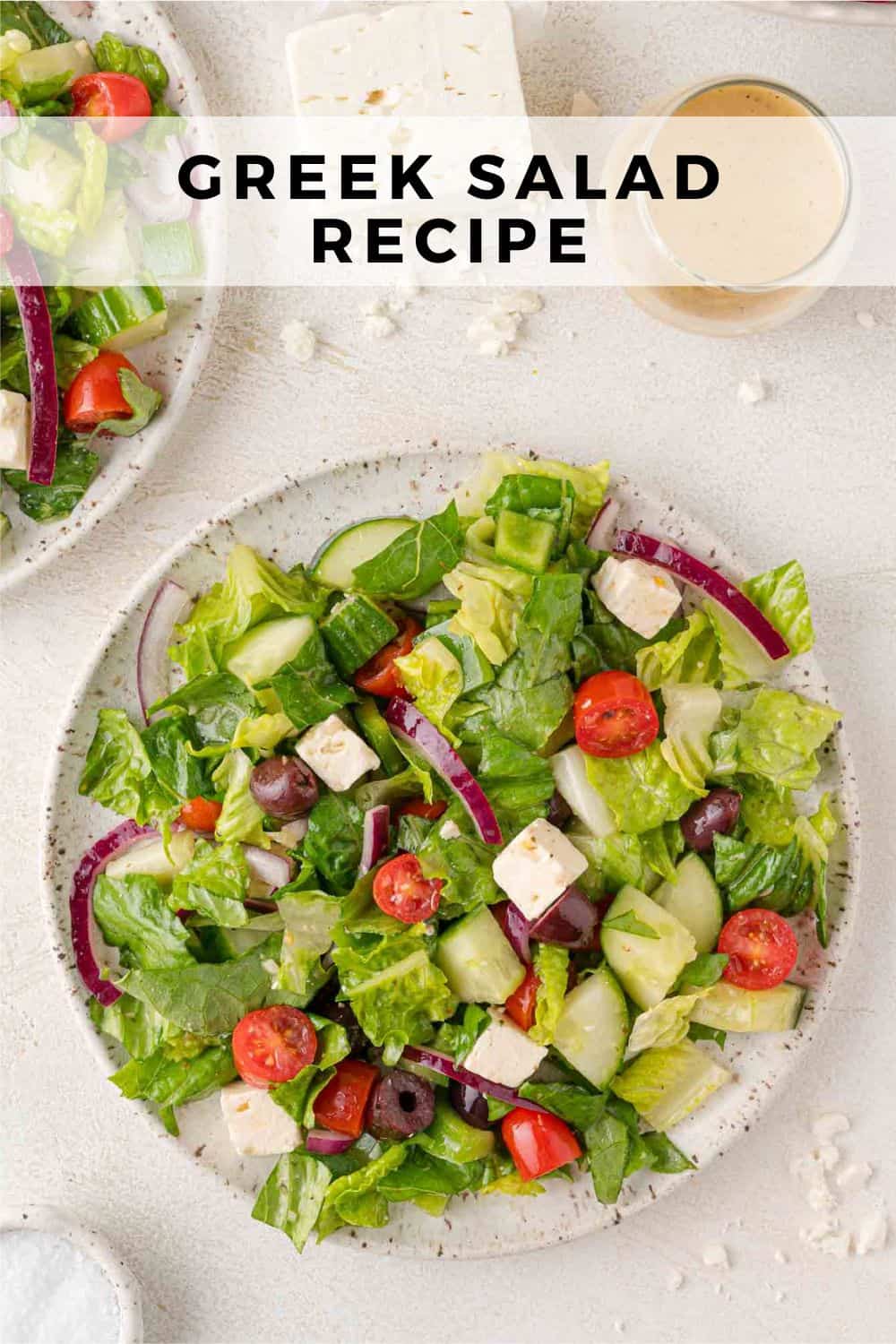 Greek salad Pinterest graphic with text and photos.