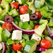 Greek salad Pinterest graphic with text and photos.
