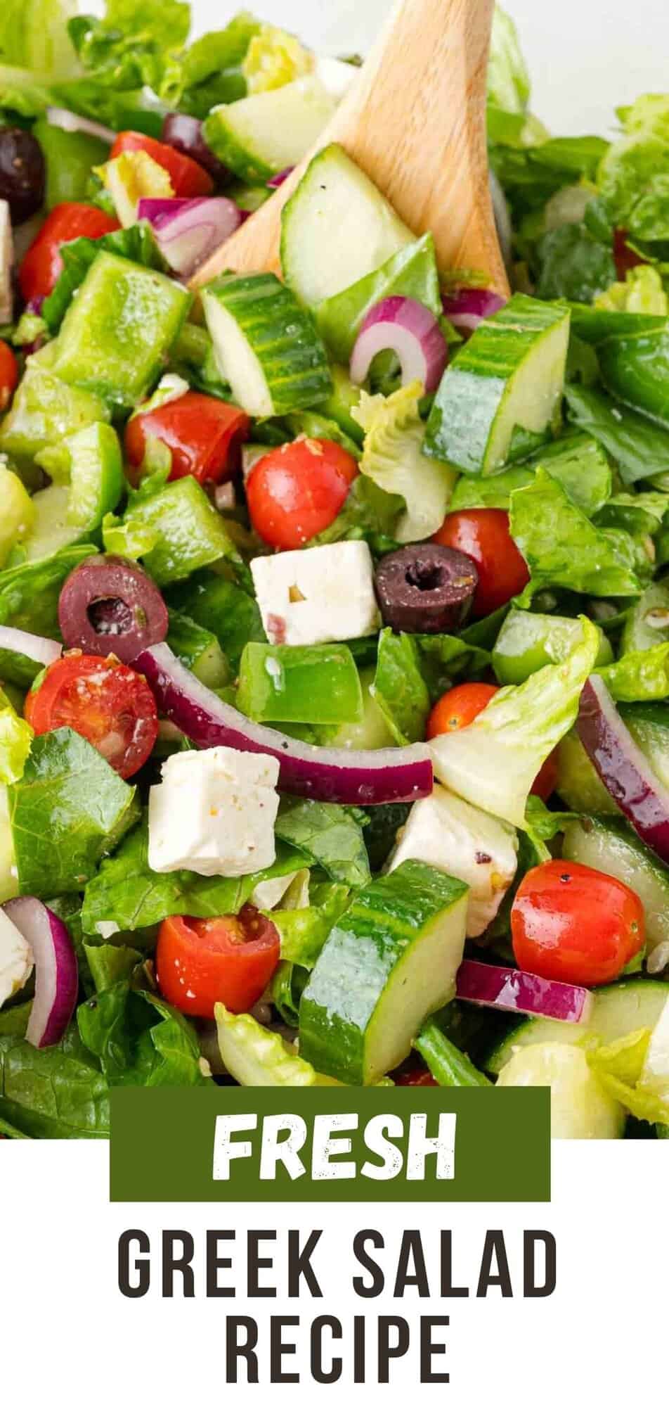 Greek salad Pinterest graphic with text and photos.