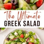 Greek salad Pinterest graphic with text and photos.