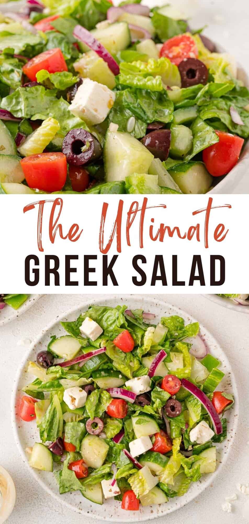 Greek salad Pinterest graphic with text and photos.