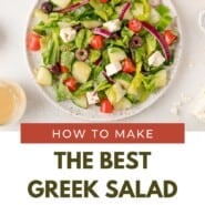 Greek salad Pinterest graphic with text and photos.