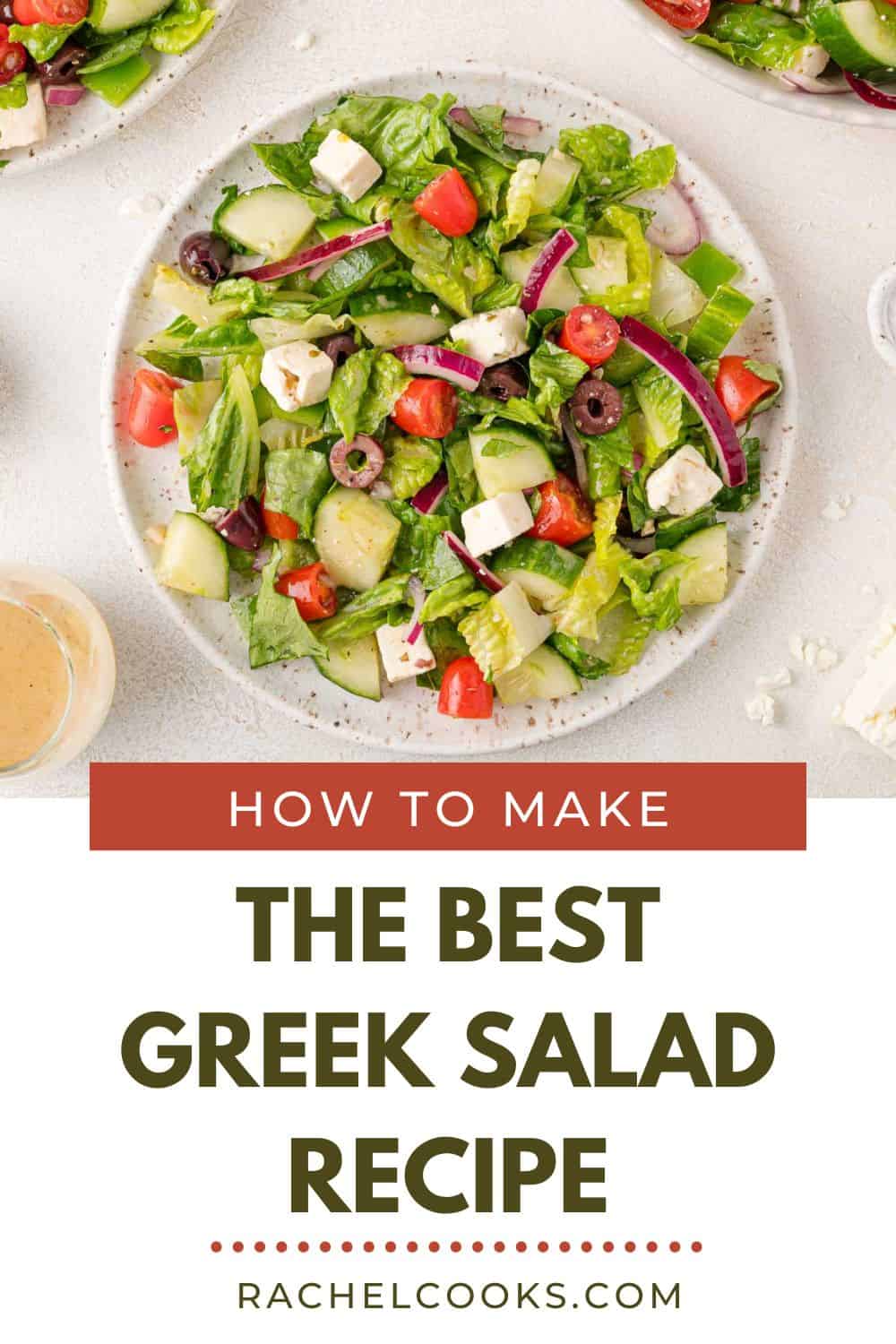 Greek salad Pinterest graphic with text and photos.