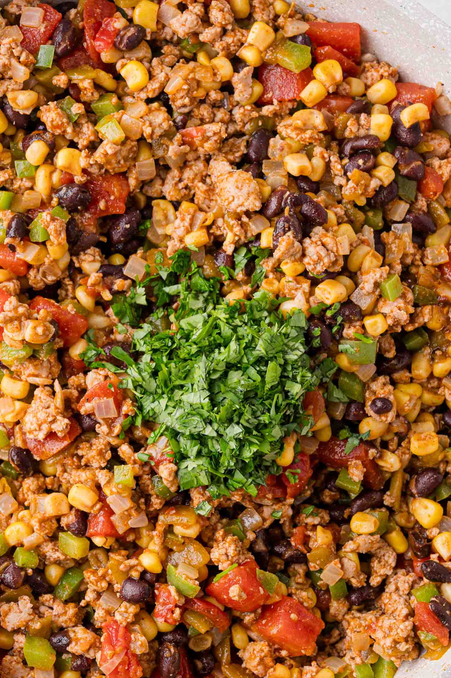 A close-up of a cooked mixture containing ground meat, black beans, corn, diced tomatoes, green bell peppers, and topped with chopped fresh cilantro.