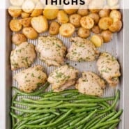 Sheet pan chicken thighs Pinterest graphic with text and photos.