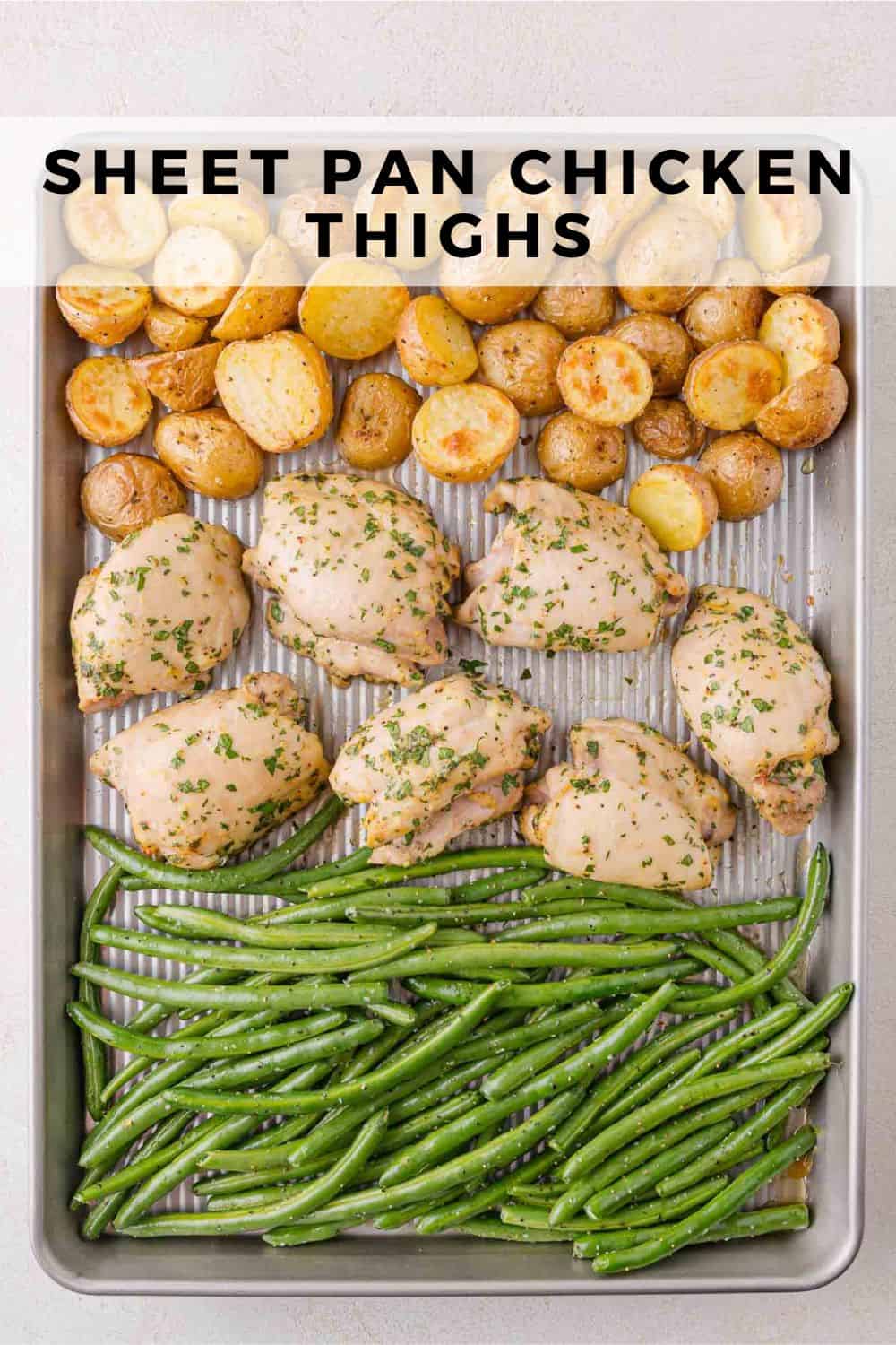 Sheet pan chicken thighs Pinterest graphic with text and photos.