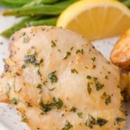 Sheet pan chicken thighs Pinterest graphic with text and photos.
