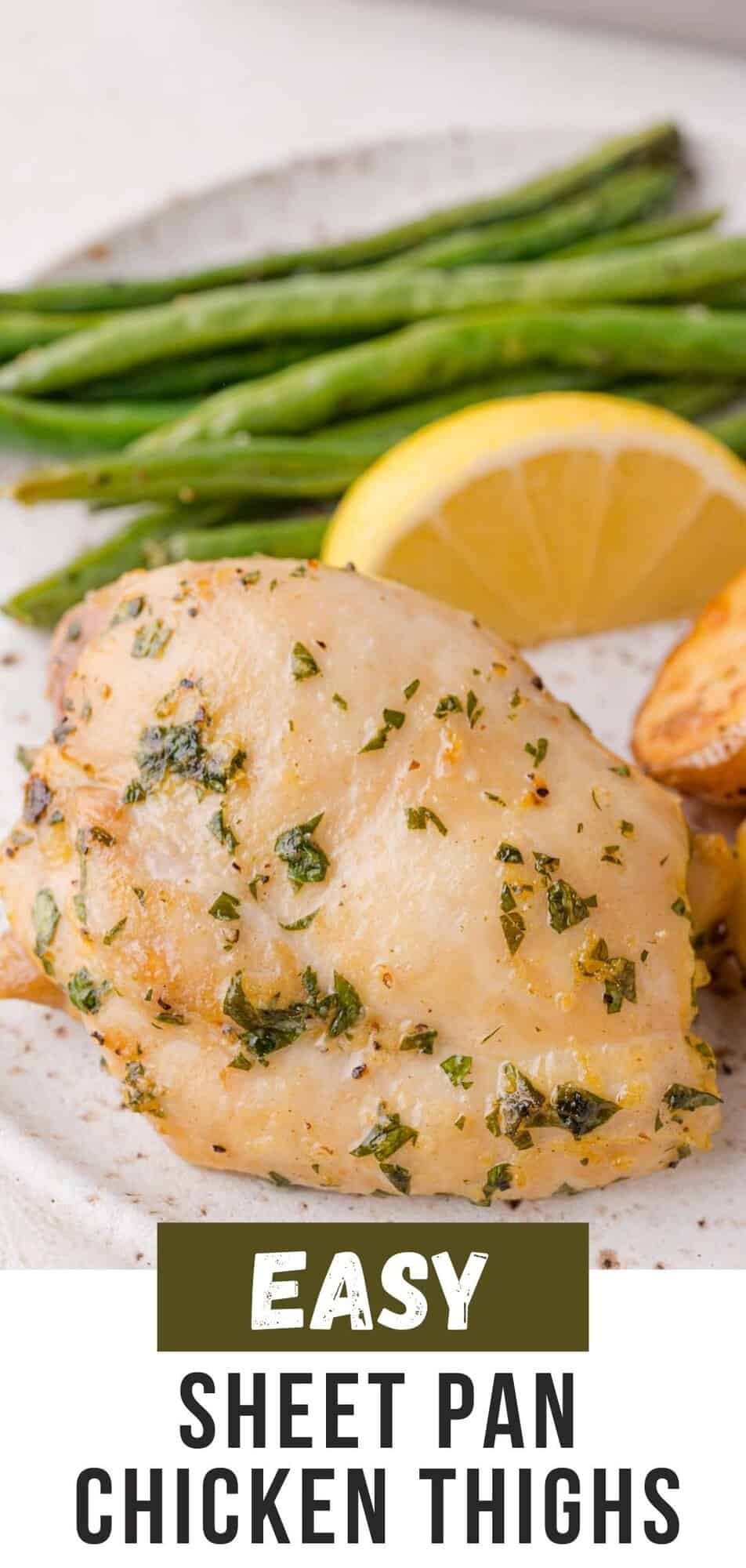 Sheet pan chicken thighs Pinterest graphic with text and photos.