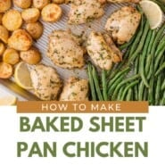 Sheet pan chicken thighs Pinterest graphic with text and photos.
