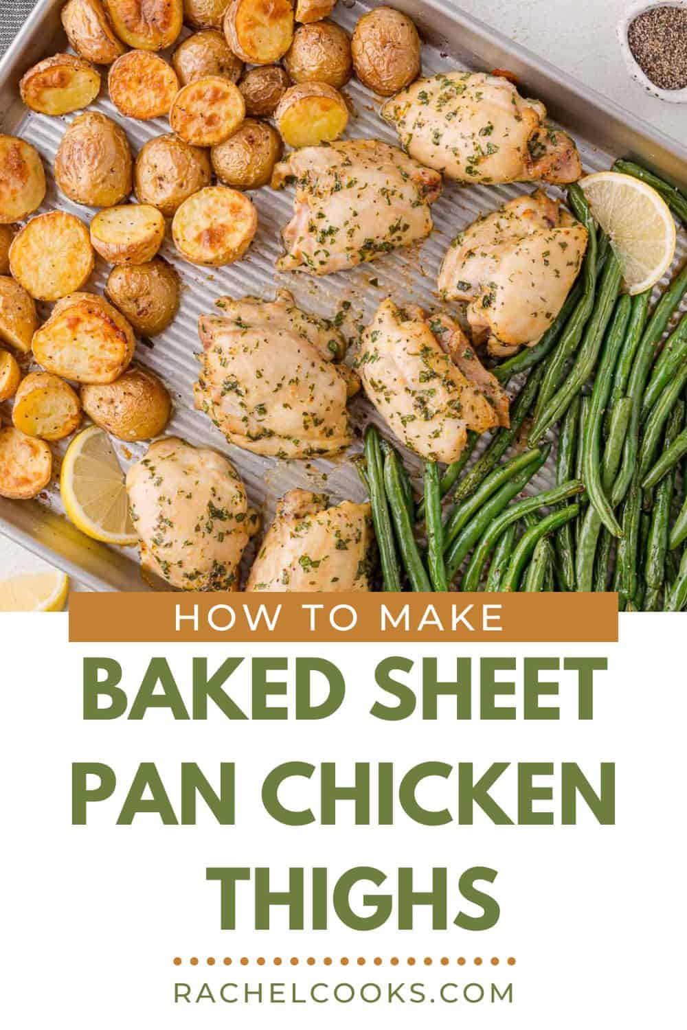Sheet pan chicken thighs Pinterest graphic with text and photos.