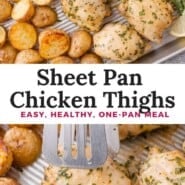 Sheet pan chicken thighs Pinterest graphic with text and photos.