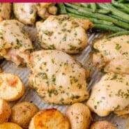 Sheet pan chicken thighs Pinterest graphic with text and photos.