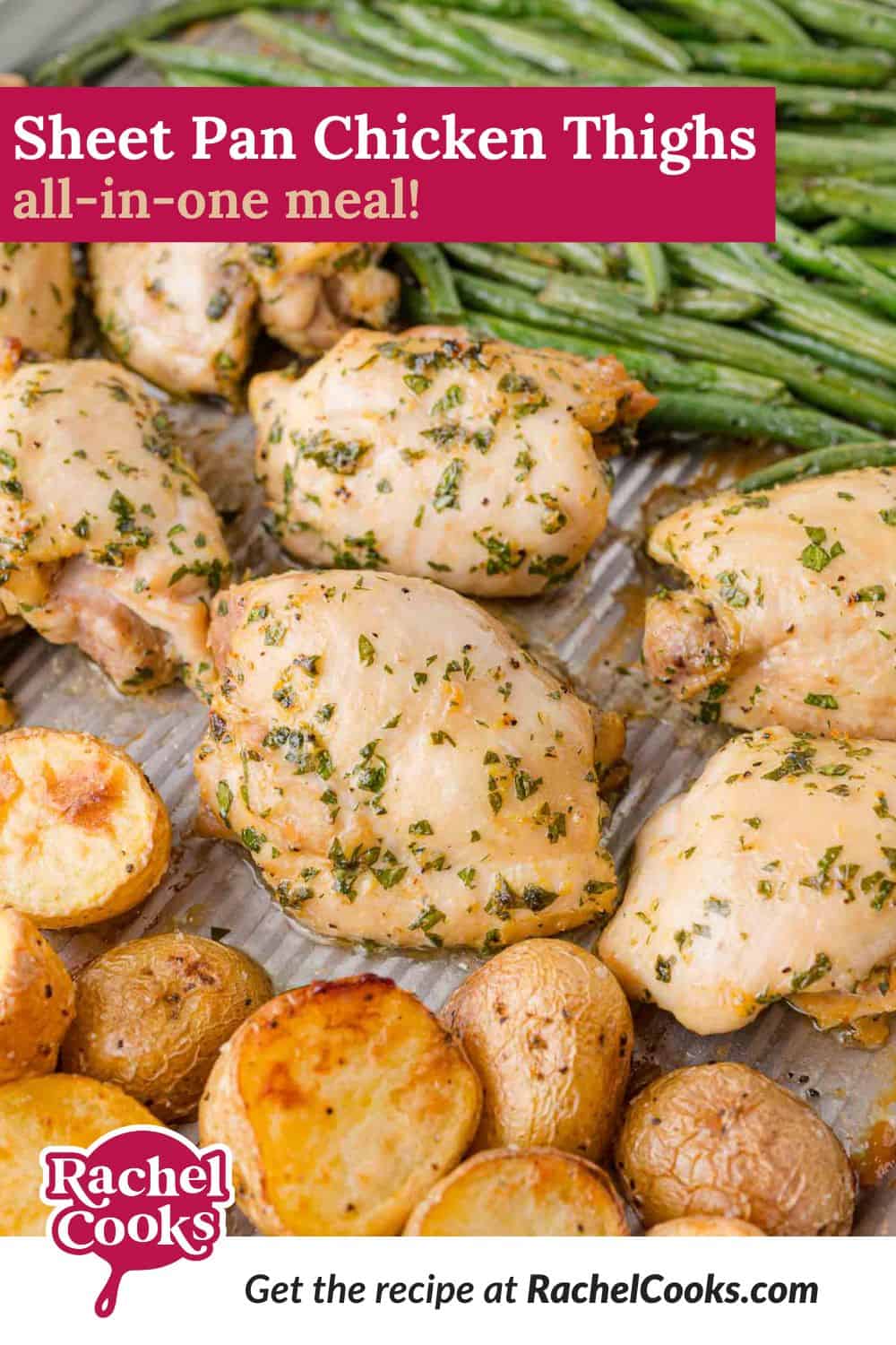 Sheet pan chicken thighs Pinterest graphic with text and photos.