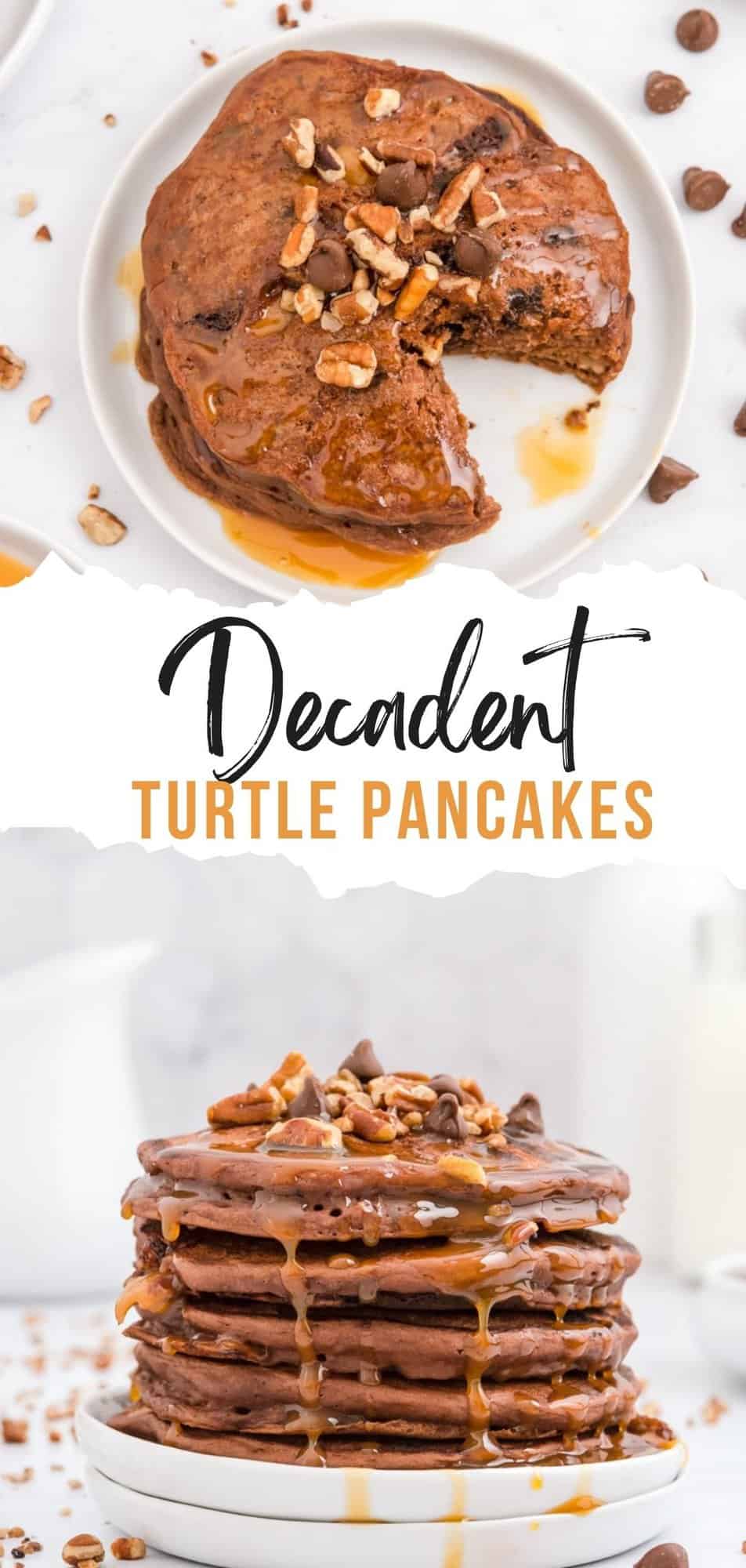 Turtle pancakes Pinterest graphic with text and photos.