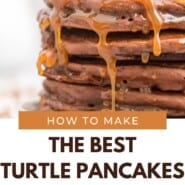 Turtle pancakes Pinterest graphic with text and photos.
