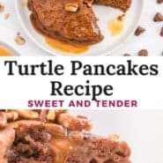 Turtle pancakes Pinterest graphic with text and photos.