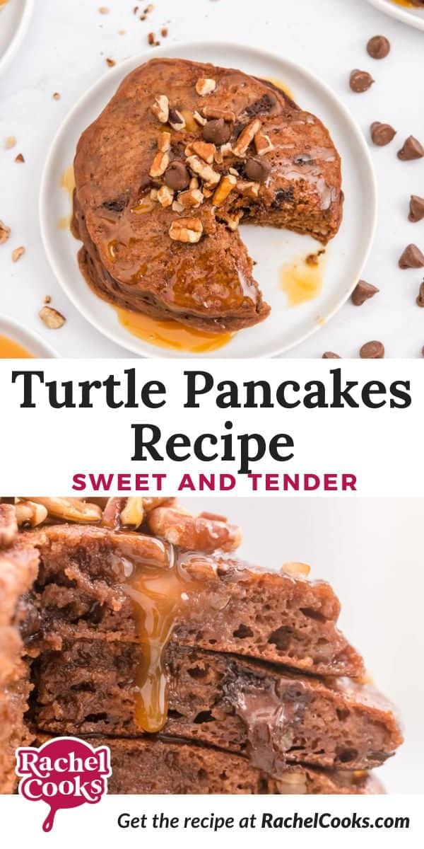Turtle pancakes Pinterest graphic with text and photos.