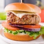 An air fryer turkey burger with lettuce, tomato, red onion, a slice of cheese, and mayonnaise in a bun, served on a white plate.