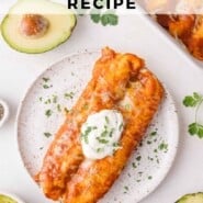 Beef enchiladas Pinterest graphic with text and photos.