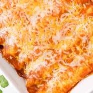 Beef enchiladas Pinterest graphic with text and photos.