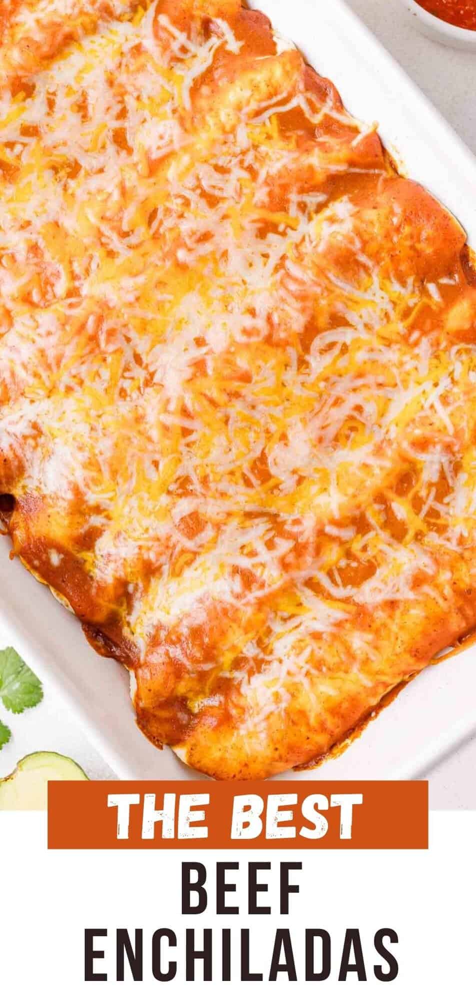 Beef enchiladas Pinterest graphic with text and photos.