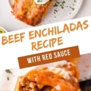 Beef enchiladas Pinterest graphic with text and photos.