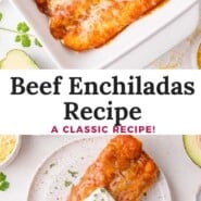 Beef enchiladas Pinterest graphic with text and photos.