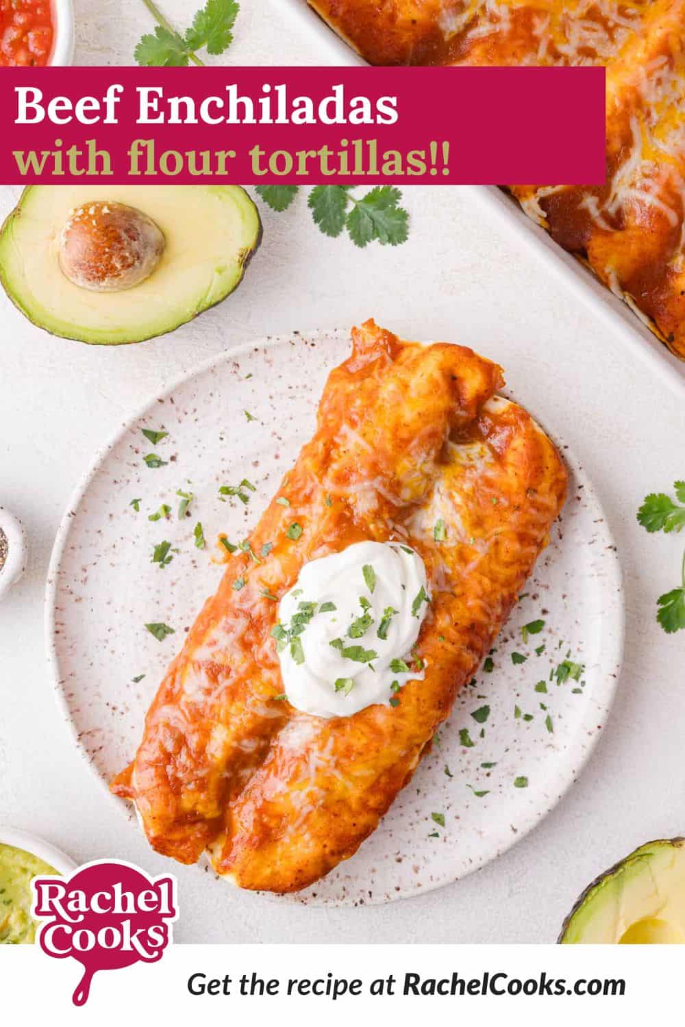 Beef enchiladas Pinterest graphic with text and photos.